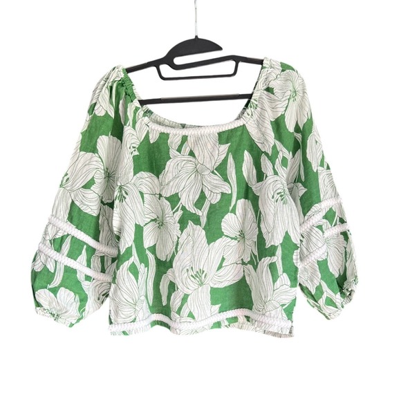 Tahari Tops - Tahari Womens Green Floral 100% Linen Cropped Blouse Trim Balloon Sleeve Small